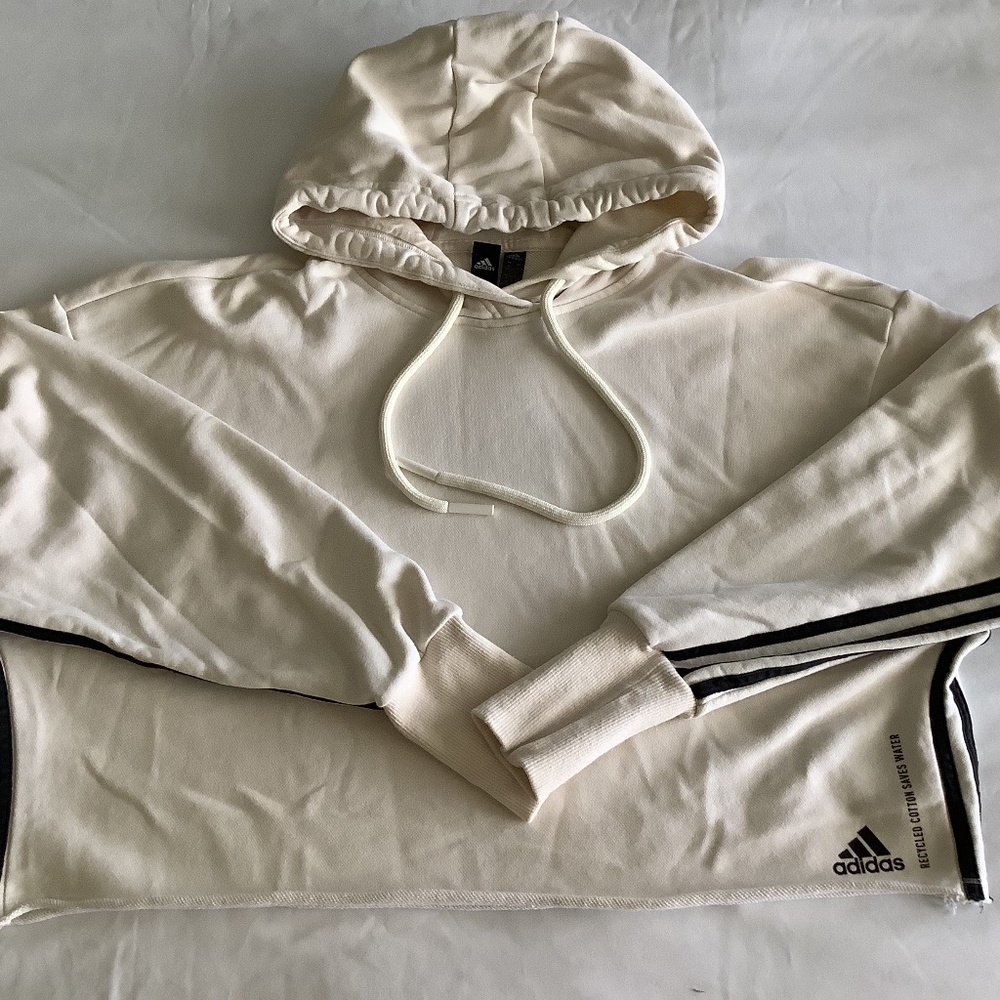 Adidas White Cropped Hoodie with Black Stripes – Recycled Cotton – Size M